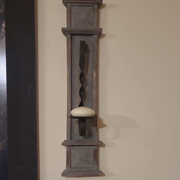 Set Of Two Wood And Metal Candle Holders With Candles - Picture 3 of 3